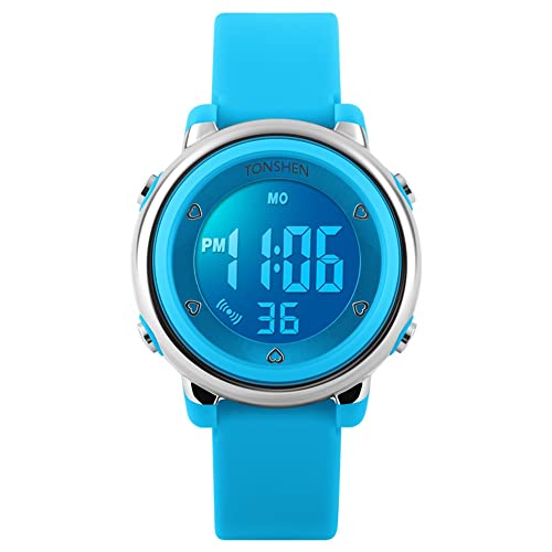 TONSHEN Kinder Uhren Digital Outdoor Sport 50M Wasserdicht Uhr Militär Farbe LED Licht Blau Plastik Uhren mit Silikon Band Armbanduhr für Junge Mädchen von TONSHEN