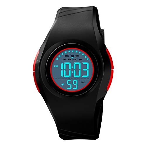 TONSHEN Kinder und Jugendliche Outdoor Sportuhr 50M Wasserdicht LED Elektronik Digitaluhr Plastik Lünette und Kautschuk Band Uhren Multifunktionale Alarm Datum Armbanduhr (Schwarz-Rot) von TONSHEN