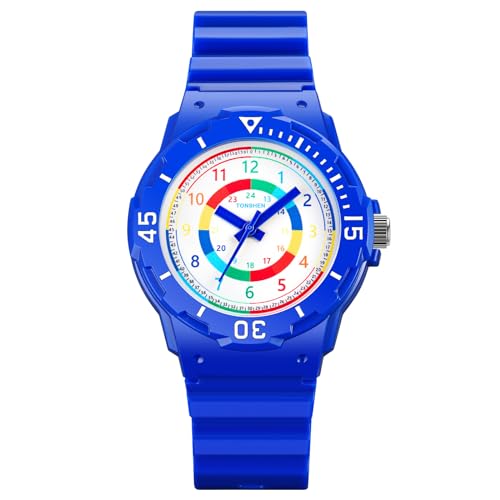 TONSHEN Kinderuhr Wasserdicht Junge und Mädchen Uhren Analog Quarz Drehbares Zifferblatt Armbanduhren Plastik Lünette mit Kautschuk Band (Blau) von TONSHEN