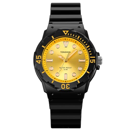 TONSHEN Kinderuhr Wasserdicht Junge und Mädchen Uhren Analog Quarz Drehbares Zifferblatt Armbanduhren Plastik Lünette mit Kautschuk Band (Gold) von TONSHEN