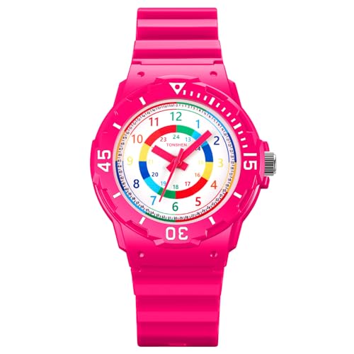 TONSHEN Kinderuhr Wasserdicht Junge und Mädchen Uhren Analog Quarz Drehbares Zifferblatt Armbanduhren Plastik Lünette mit Kautschuk Band (Rot) von TONSHEN