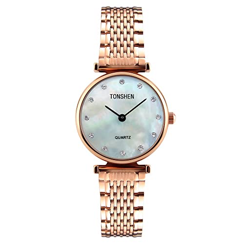 TONSHEN Luxus Damen Analog Quarz Uhren Edelstahl Einfach Fashion Casual Elegant Armbanduhr (Gold 2) von TONSHEN