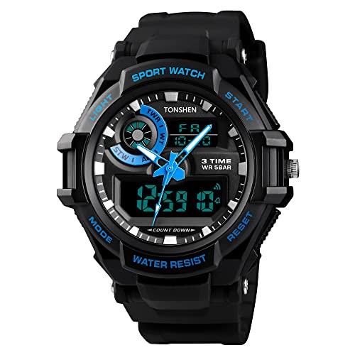 TONSHEN Multifunktional 50M Wasserdicht Herren Uhren Alarm Stoppuhr LED Analog Quarz DREI Zeit Digital Sport Outdoor Militär Armbanduhr (Blau) von TONSHEN