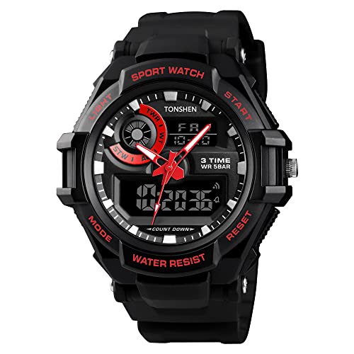 TONSHEN Multifunktional 50M Wasserdicht Herren Uhren Alarm Stoppuhr LED Analog Quarz DREI Zeit Digital Sport Outdoor Militär Armbanduhr (Rot) von TONSHEN