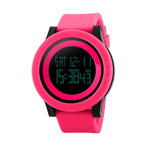 TONSHEN Multifunktional Herrenuhr Damenuhr 50M Wasserdicht Outdoor Digitaluhr Sportuhr Plastik Lünetten und Kautschuk Band LED Elektronik Alarm Datum Armbanduhr (Rot) von TONSHEN