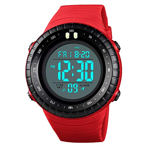 TONSHEN Multifunktional Outdoor Herren Sport Uhren LED Elektronik Digital Doppelte Zeit Countdown Alarm Stoppuhr Taktik Militär Armbanduhr 50M Wasserdicht (Rot) von TONSHEN