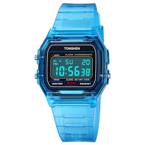 TONSHEN Multifunktional Sportuhr Digitaluhr Wasserdicht Plastik Uhren LED Elektronik Alarm Outdoor Armbanduhr (Blau) von TONSHEN