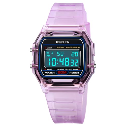 TONSHEN Multifunktional Sportuhr Digitaluhr Wasserdicht Plastik Uhren LED Elektronik Alarm Outdoor Armbanduhr (Lila) von TONSHEN