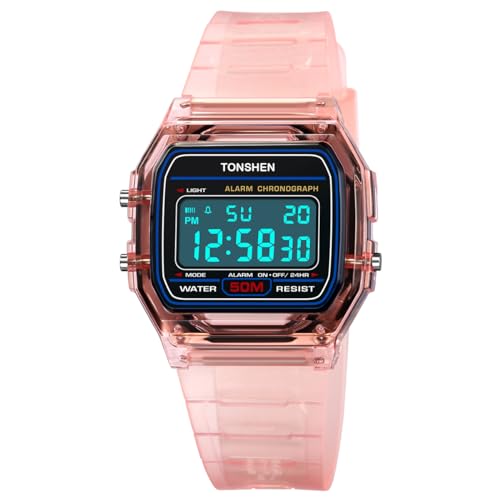 TONSHEN Multifunktional Sportuhr Digitaluhr Wasserdicht Plastik Uhren LED Elektronik Alarm Outdoor Armbanduhr (Pink) von TONSHEN