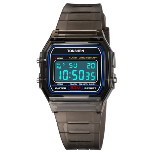 TONSHEN Multifunktional Sportuhr Digitaluhr Wasserdicht Plastik Uhren LED Elektronik Alarm Outdoor Armbanduhr (Schwarz) von TONSHEN