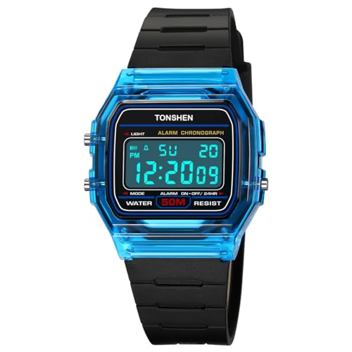 TONSHEN Multifunktional Sportuhr Digitaluhr Wasserdicht Plastik Uhren LED Elektronik Alarm Outdoor Armbanduhr (Schwarz Blau) von TONSHEN