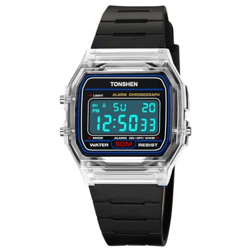 TONSHEN Multifunktional Sportuhr Digitaluhr Wasserdicht Plastik Uhren LED Elektronik Alarm Outdoor Armbanduhr (Schwarz Weiß) von TONSHEN