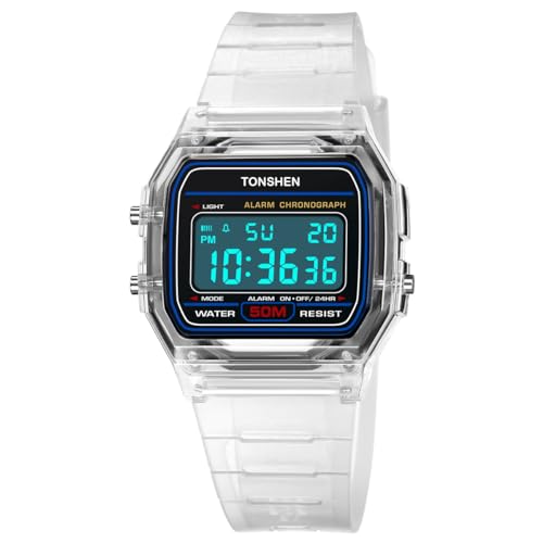 TONSHEN Multifunktional Sportuhr Digitaluhr Wasserdicht Plastik Uhren LED Elektronik Alarm Outdoor Armbanduhr (Weiß) von TONSHEN