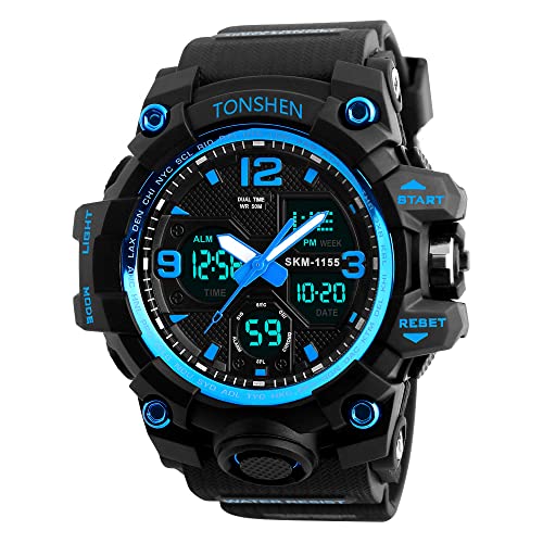 TONSHEN Multifunktional Wasserdicht Herren Sport Uhren Analog Quarz LED Elektronik Double Zeit Alarm Datum Stoppuhr Outdoor Militär Digital Armbanduhr (Blau) von TONSHEN