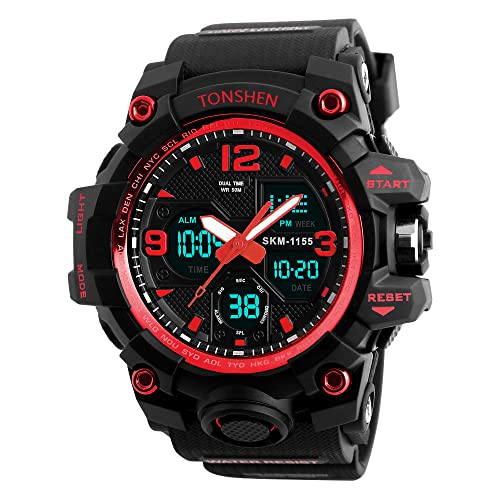 TONSHEN Multifunktional Wasserdicht Herren Sport Uhren Analog Quarz LED Elektronik Double Zeit Alarm Datum Stoppuhr Outdoor Militär Digital Armbanduhr (Rot) von TONSHEN