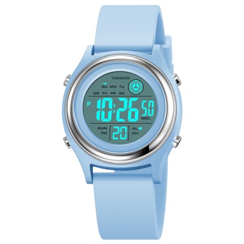 TONSHEN Multifunktional Wasserdicht Uhren LED Digitaluhr Sportuhr Outdoor Militär Armbanduhr Plastik Lünette und Kautschuk Band (Blau) von TONSHEN