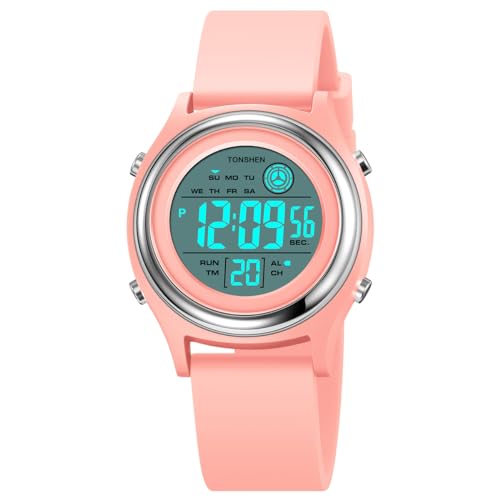 TONSHEN Multifunktional Wasserdicht Uhren LED Digitaluhr Sportuhr Outdoor Militär Armbanduhr Plastik Lünette und Kautschuk Band (Rosa) von TONSHEN