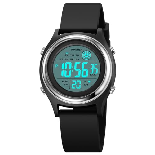 TONSHEN Multifunktional Wasserdicht Uhren LED Digitaluhr Sportuhr Outdoor Militär Armbanduhr Plastik Lünette und Kautschuk Band (Schwarz) von TONSHEN