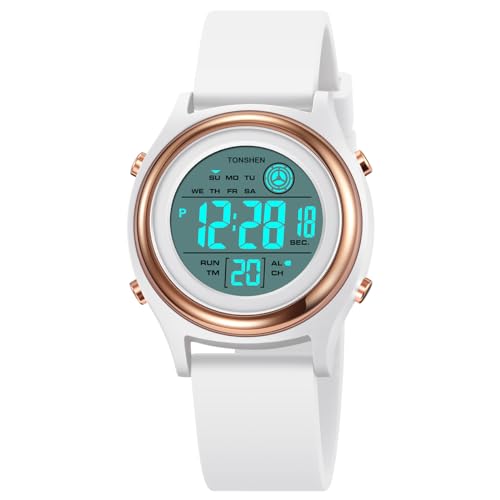 TONSHEN Multifunktional Wasserdicht Uhren LED Digitaluhr Sportuhr Outdoor Militär Armbanduhr Plastik Lünette und Kautschuk Band (Weiß Gold) von TONSHEN