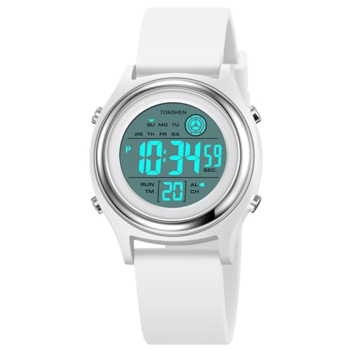 TONSHEN Multifunktional Wasserdicht Uhren LED Digitaluhr Sportuhr Outdoor Militär Armbanduhr Plastik Lünette und Kautschuk Band (Weiß Silber) von TONSHEN