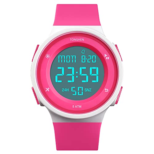 TONSHEN Outdoor Sport Uhren Herrenuhr Damenuhr 50M Wasserdicht Digitaluhr LED Elektronik Doppelte Zeit Countdown Alarm Stoppuhr Militär Einfach Armbanduhr (Rot) von TONSHEN