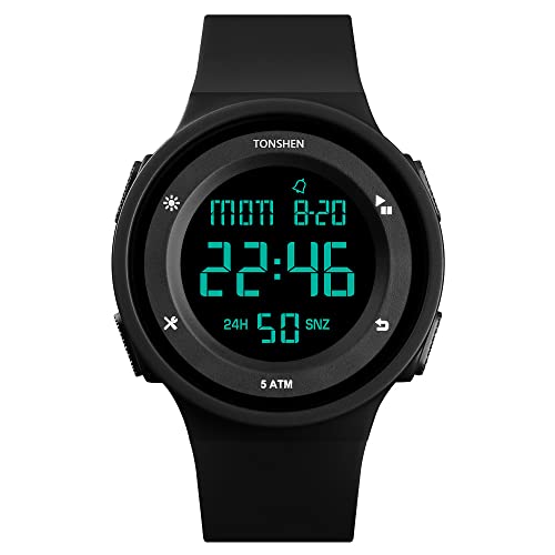 TONSHEN Outdoor Sport Uhren Herrenuhr Damenuhr 50M Wasserdicht Digitaluhr LED Elektronik Doppelte Zeit Countdown Alarm Stoppuhr Militär Einfach Armbanduhr (Schwarz) von TONSHEN