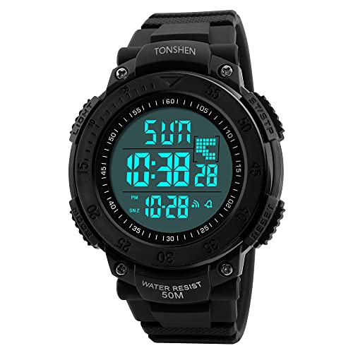 TONSHEN Outdoor Sportuhr Herren 50M Wasserdicht LED Elektronik Doppelte Zeit Alarm Stoppuhr Militär Taktik Digital Uhren Plastik Lünette mit Kautschuk Band (Schwarz) von TONSHEN