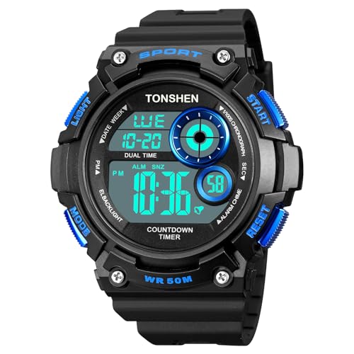 TONSHEN Plastik Uhren Multifunktional Wasserdicht LED Digitaluhr Sportuhr Outdoor Militär Armbanduhr (Blau) von TONSHEN