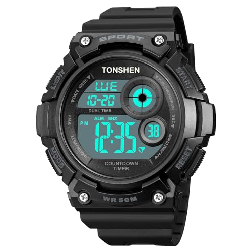 TONSHEN Plastik Uhren Multifunktional Wasserdicht LED Digitaluhr Sportuhr Outdoor Militär Armbanduhr (Schwarz) von TONSHEN