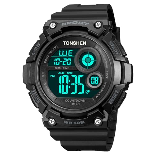 TONSHEN Plastik Uhren Multifunktional Wasserdicht LED Digitaluhr Sportuhr Outdoor Militär Armbanduhr (Schwarz 2) von TONSHEN