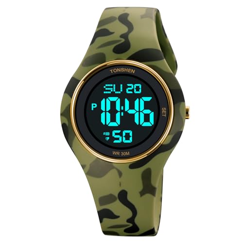 TONSHEN Sport Digital Wasserdicht Plastik Uhren LED Elektronik Alarm Outdoor Mehrere Farben Armbanduhr Kautschuk Band (Grün Camo) von TONSHEN