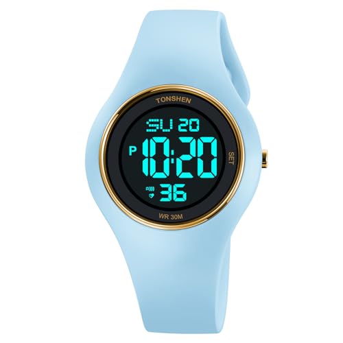 TONSHEN Sport Digital Wasserdicht Plastik Uhren LED Elektronik Alarm Outdoor Mehrere Farben Armbanduhr Kautschuk Band (Hellblau) von TONSHEN