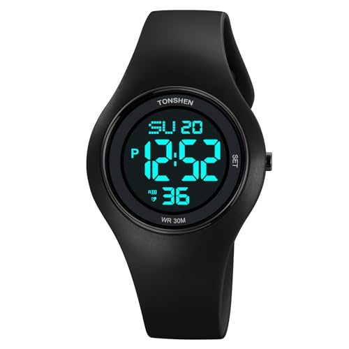 TONSHEN Sport Digital Wasserdicht Plastik Uhren LED Elektronik Alarm Outdoor Mehrere Farben Armbanduhr Kautschuk Band (Schwarz 2) von TONSHEN