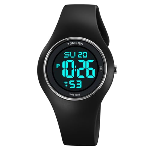 TONSHEN Sport Digital Wasserdicht Plastik Uhren LED Elektronik Alarm Outdoor Mehrere Farben Armbanduhr Kautschuk Band (Schwarz Silber) von TONSHEN
