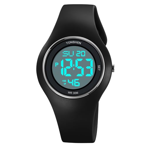 TONSHEN Sport Digital Wasserdicht Plastik Uhren LED Elektronik Alarm Outdoor Mehrere Farben Armbanduhr Kautschuk Band (Schwarz Weiß) von TONSHEN