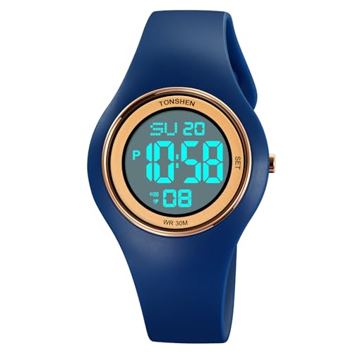 TONSHEN Sport Digital Wasserdicht Plastik Uhren LED Elektronik Alarm Outdoor Mehrere Farben Armbanduhr Kautschuk Band (Tiefblau) von TONSHEN