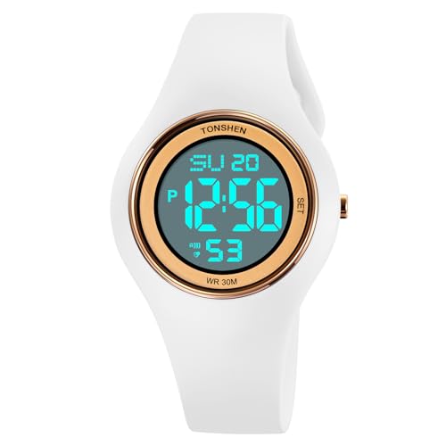 TONSHEN Sport Digital Wasserdicht Plastik Uhren LED Elektronik Alarm Outdoor Mehrere Farben Armbanduhr Kautschuk Band (Weiß) von TONSHEN