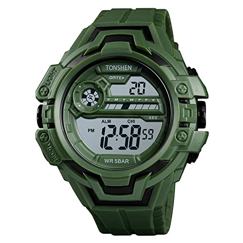 TONSHEN Sportuhr Herrenuhr Groß Plastik Lünetten mit Kautschuk Band 50M Wasserdicht Uhren Outdoor Militär Digital Armbanduhr Countdown Doppelte Zeit (Grün) von TONSHEN