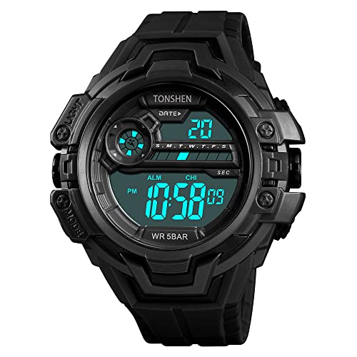 TONSHEN Sportuhr Herrenuhr Groß Plastik Lünetten mit Kautschuk Band 50M Wasserdicht Uhren Outdoor Militär Digital Armbanduhr Countdown Doppelte Zeit (Schwarz) von TONSHEN