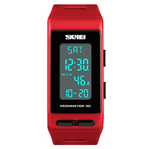 TONSHEN Sportuhr Outdoor Multifunktional Herrenuhr Damenuhr Schrittzähler Kalorien LED Elektronik Alarm Stoppuhr Plastik Uhren und Kautschuk Band (Rot) von TONSHEN