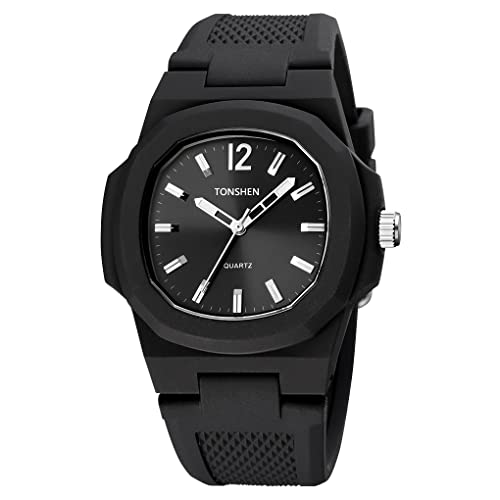 TONSHEN Unisex Analog Quarz Uhren Herren und Damen Fashion Casual Plastik Lünette mit Kautschuk Band Armbanduhren (Schwarz) von TONSHEN