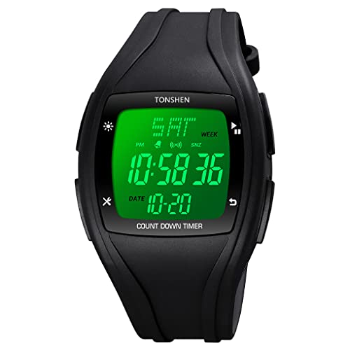 TONSHEN Unisex Digital Sport Uhr LED Elektronik Outdoor Doppelte Zeit Alarm Stoppuhr Plastik Uhren 50M Wasserdicht Countdown (Schwarz) von TONSHEN