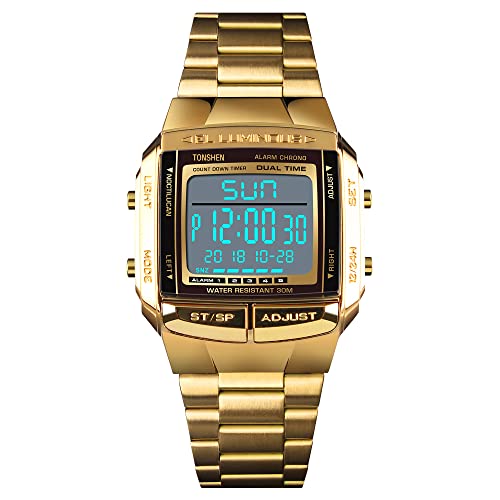 TONSHEN Unisex Digital Uhren Outdoor Multifunktional LED Elektronik Doppelte Zeit Alarm Stoppuhr Uhr Sportuhr Herren und Damen Plastik Armbanduhr mit Kautschuk Band (Gold) von TONSHEN