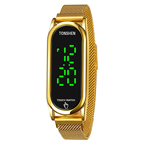 TONSHEN Unisex Digital Uhren SportuhrTouch-Display LED Elektronik Beleuchtung Edelstahl Armbanduhr (Gold) von TONSHEN