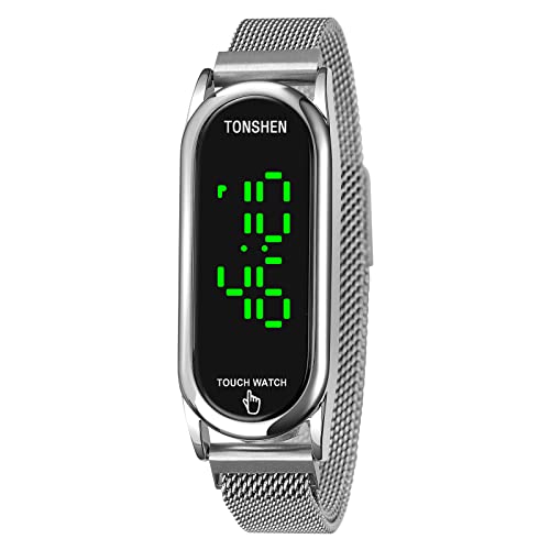 TONSHEN Unisex Digital Uhren SportuhrTouch-Display LED Elektronik Beleuchtung Edelstahl Armbanduhr (Silber) von TONSHEN