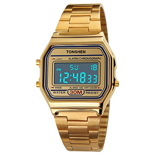 TONSHEN Unisex Fashion Multifunktion Digital Uhren Outdoor Sportuhr Kalender Datum Stoppuhr Edelstahl Armbanduhr (Gold) von TONSHEN