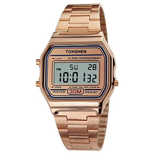 TONSHEN Unisex Fashion Multifunktion Digital Uhren Outdoor Sportuhr Kalender Datum Stoppuhr Edelstahl Armbanduhr (Rosa) von TONSHEN