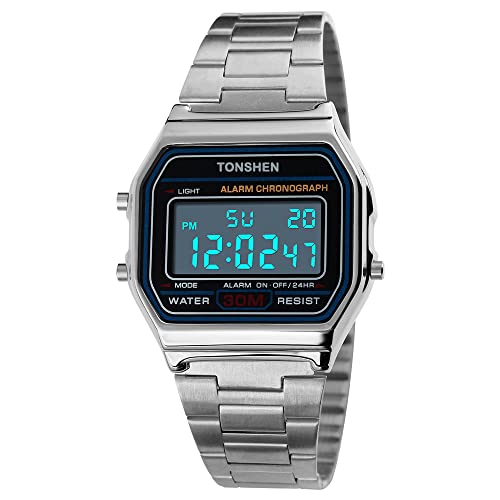 TONSHEN Unisex Fashion Multifunktion Digital Uhren Outdoor Sportuhr Kalender Datum Stoppuhr Edelstahl Armbanduhr (Silber) von TONSHEN