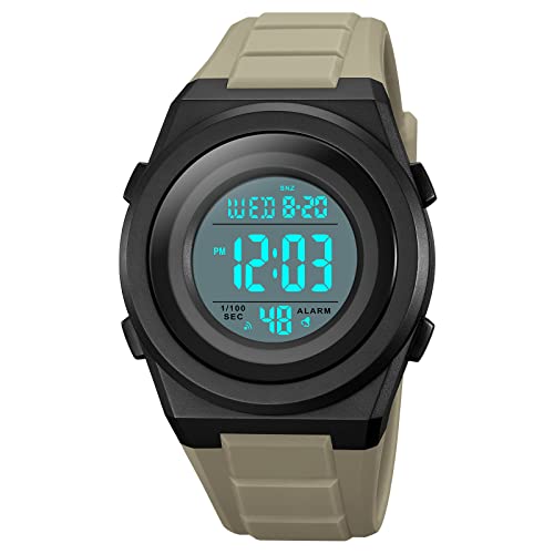 TONSHEN Unisex Herrenuhr Damenuhr 50M Wasserdicht LED Elektronik Countdown 12H/24H Digital Outdoor Sport Uhr Doppelte Zeit Alarm Stoppuhr Plastik Uhren (Gelb) von TONSHEN