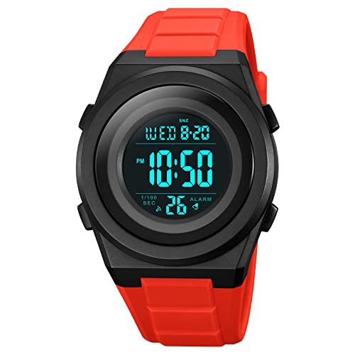 TONSHEN Unisex Herrenuhr Damenuhr 50M Wasserdicht LED Elektronik Countdown 12H/24H Digital Outdoor Sport Uhr Doppelte Zeit Alarm Stoppuhr Plastik Uhren (Rot) von TONSHEN